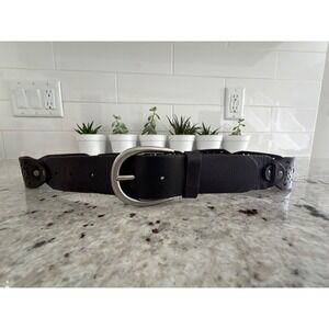 AEO American Eagle Small Black Leather Wide Cutout Belt Silver Buckle